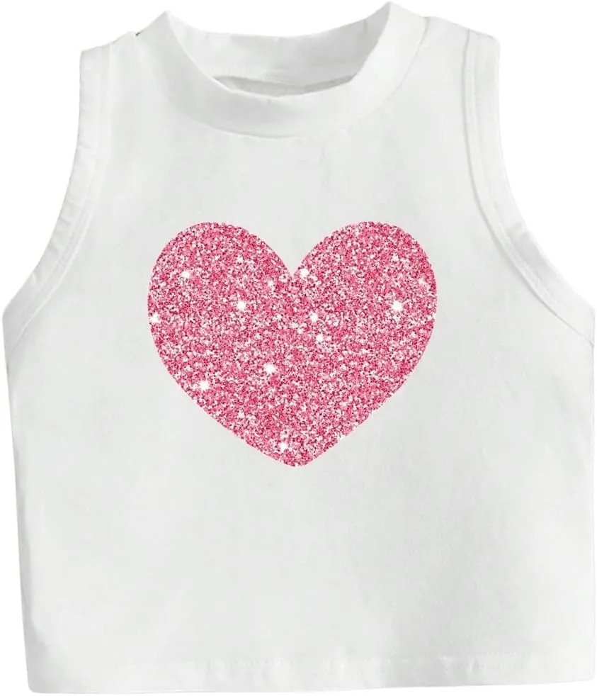 Girl's Glitter Heart Print Tank Top Sleeveless Crew Neck Loose Fit Casual Shirts