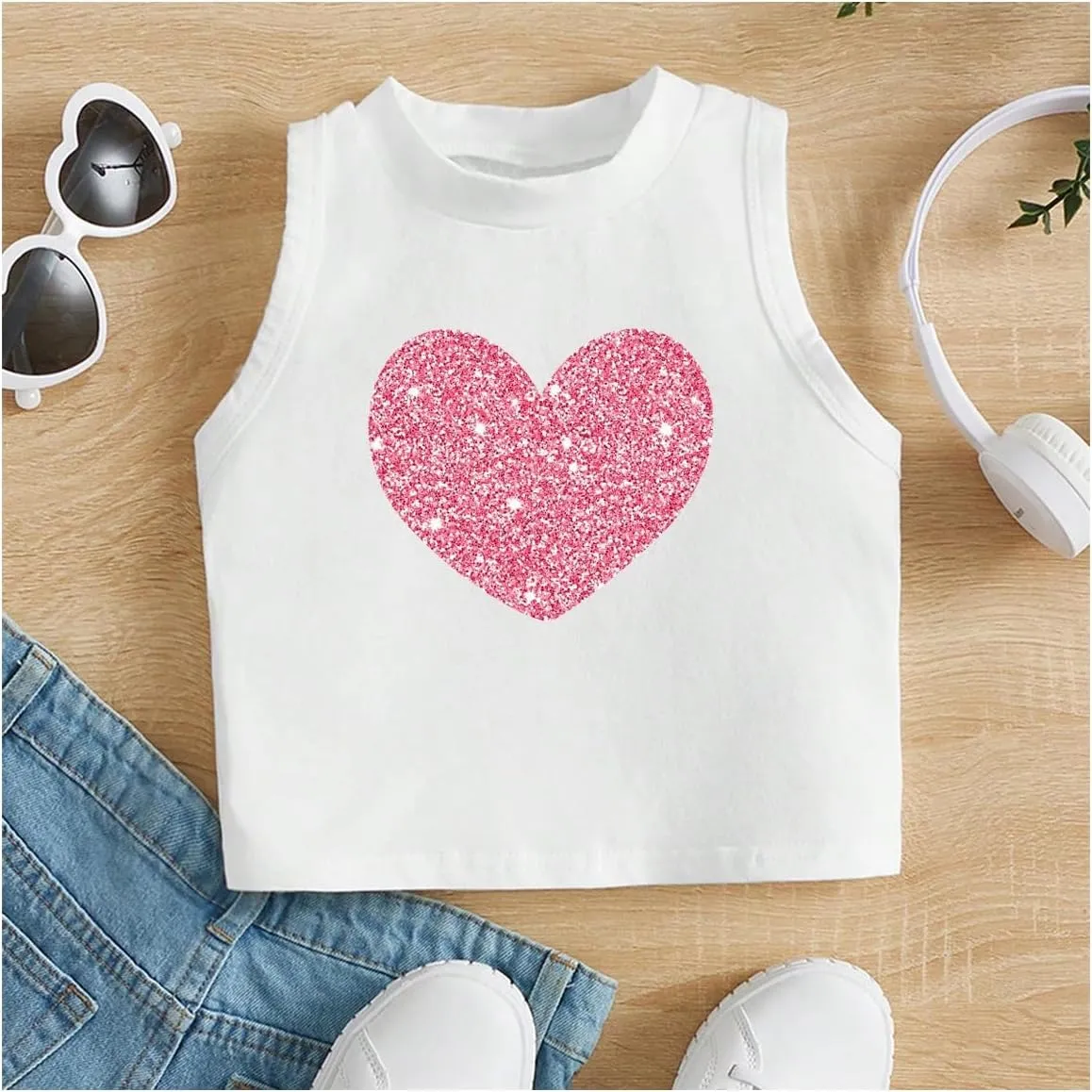 Girl's Glitter Heart Print Tank Top Sleeveless Crew Neck Loose Fit Casual Shirts