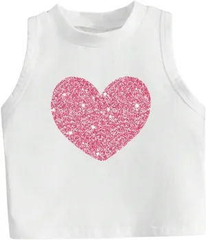 Girl's Glitter Heart Print Tank Top Sleeveless Crew Neck Loose Fit Casual Shirts