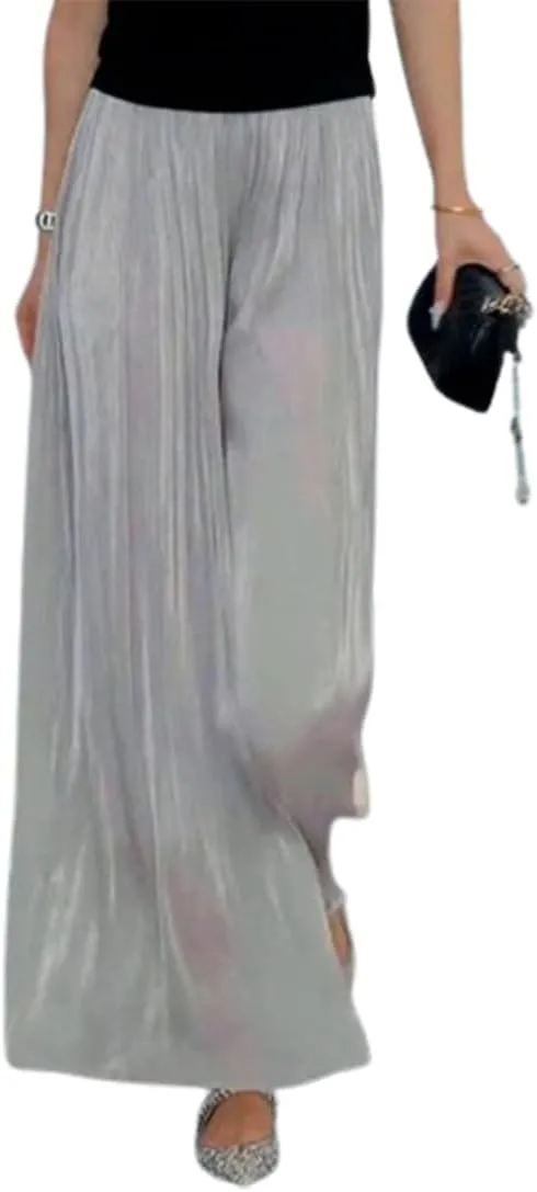 Glazed Ice Silk Floor-Length Wide-Leg Culottes,Women's High Elastic Chiffon Pants Skirts