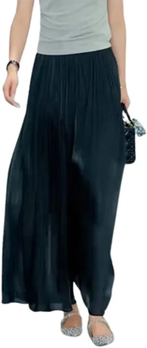 Glazed Ice Silk Floor-Length Wide-Leg Culottes,Women's High Elastic Chiffon Pants Skirts