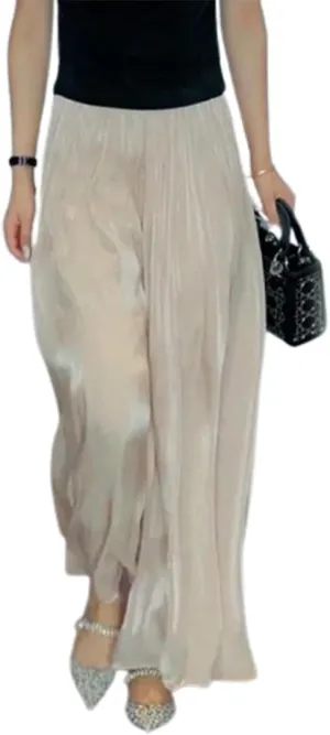 Glazed Ice Silk Floor-Length Wide-Leg Culottes,Women's High Elastic Chiffon Pants Skirts