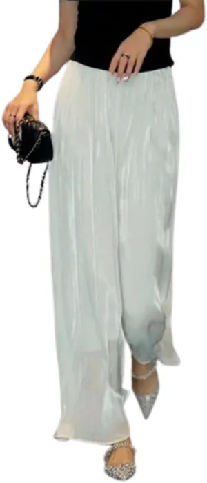 Glazed Ice Silk Floor-Length Wide-Leg Culottes,Women's High Elastic Chiffon Pants Skirts