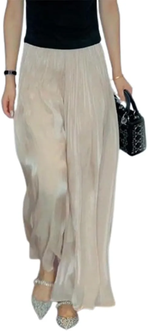 Glazed Ice Silk Floor-Length Wide-Leg Culottes,Women's High Elastic Chiffon Pants Skirts