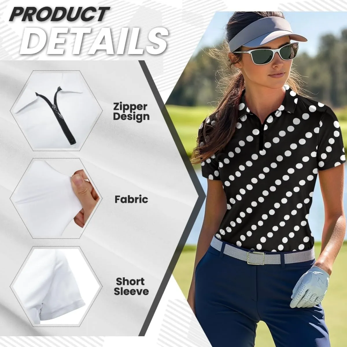 GLUDEAR Womens Polka Dots Golf Shirts Short Sleeve Sun Protection Golf Shirts Quick Dry Zipper Collared Polos