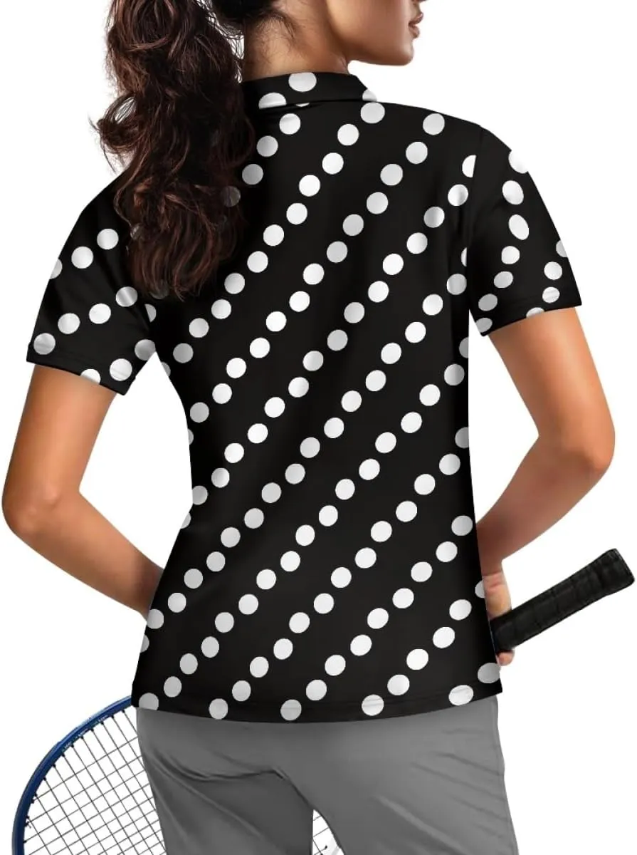 GLUDEAR Womens Polka Dots Golf Shirts Short Sleeve Sun Protection Golf Shirts Quick Dry Zipper Collared Polos