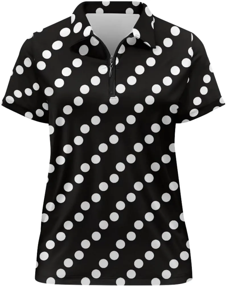 GLUDEAR Womens Polka Dots Golf Shirts Short Sleeve Sun Protection Golf Shirts Quick Dry Zipper Collared Polos
