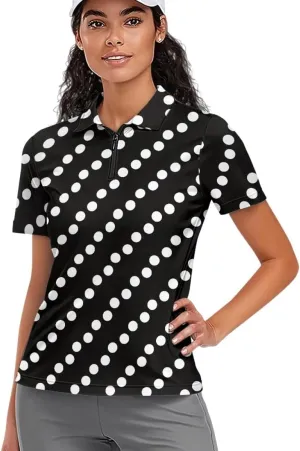 GLUDEAR Womens Polka Dots Golf Shirts Short Sleeve Sun Protection Golf Shirts Quick Dry Zipper Collared Polos