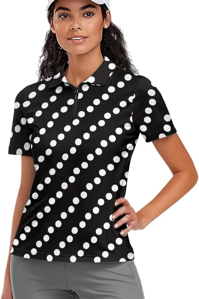 GLUDEAR Womens Polka Dots Golf Shirts Short Sleeve Sun Protection Golf Shirts Quick Dry Zipper Collared Polos
