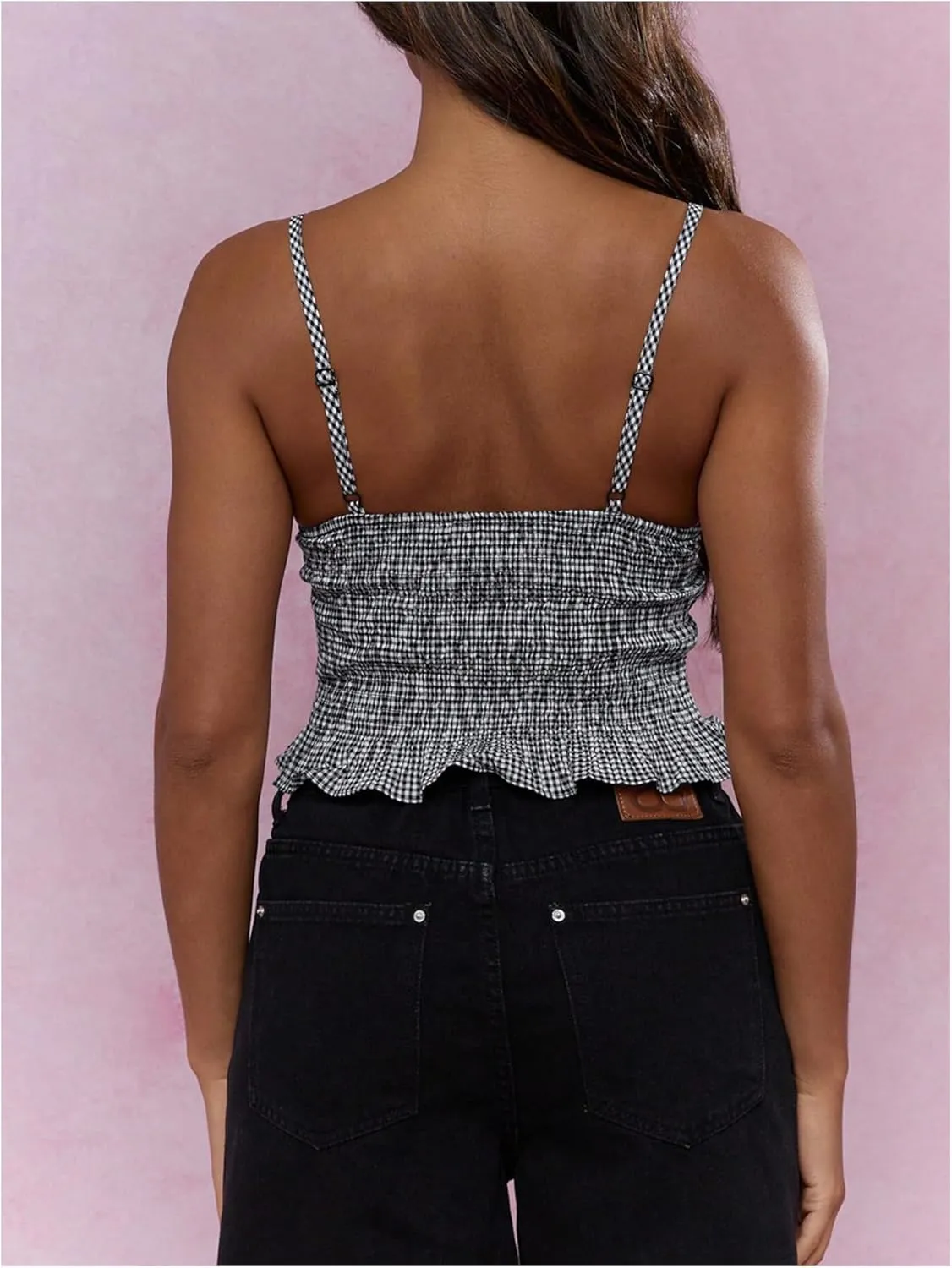 GORGLITTER Women's Plaid Checkered Crop Cami Top Shirred Ruffle Tops Spaghetti Strap Camisole