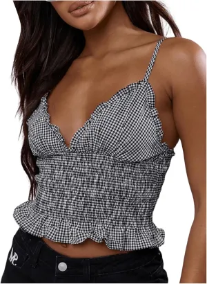 GORGLITTER Women's Plaid Checkered Crop Cami Top Shirred Ruffle Tops Spaghetti Strap Camisole