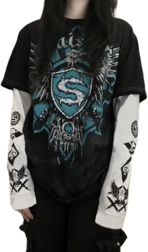 Goth Shirt Gothic Shirt Fake Two-Piece Alternative Clothing Goth Long Sleeve Top Grunge Clothes