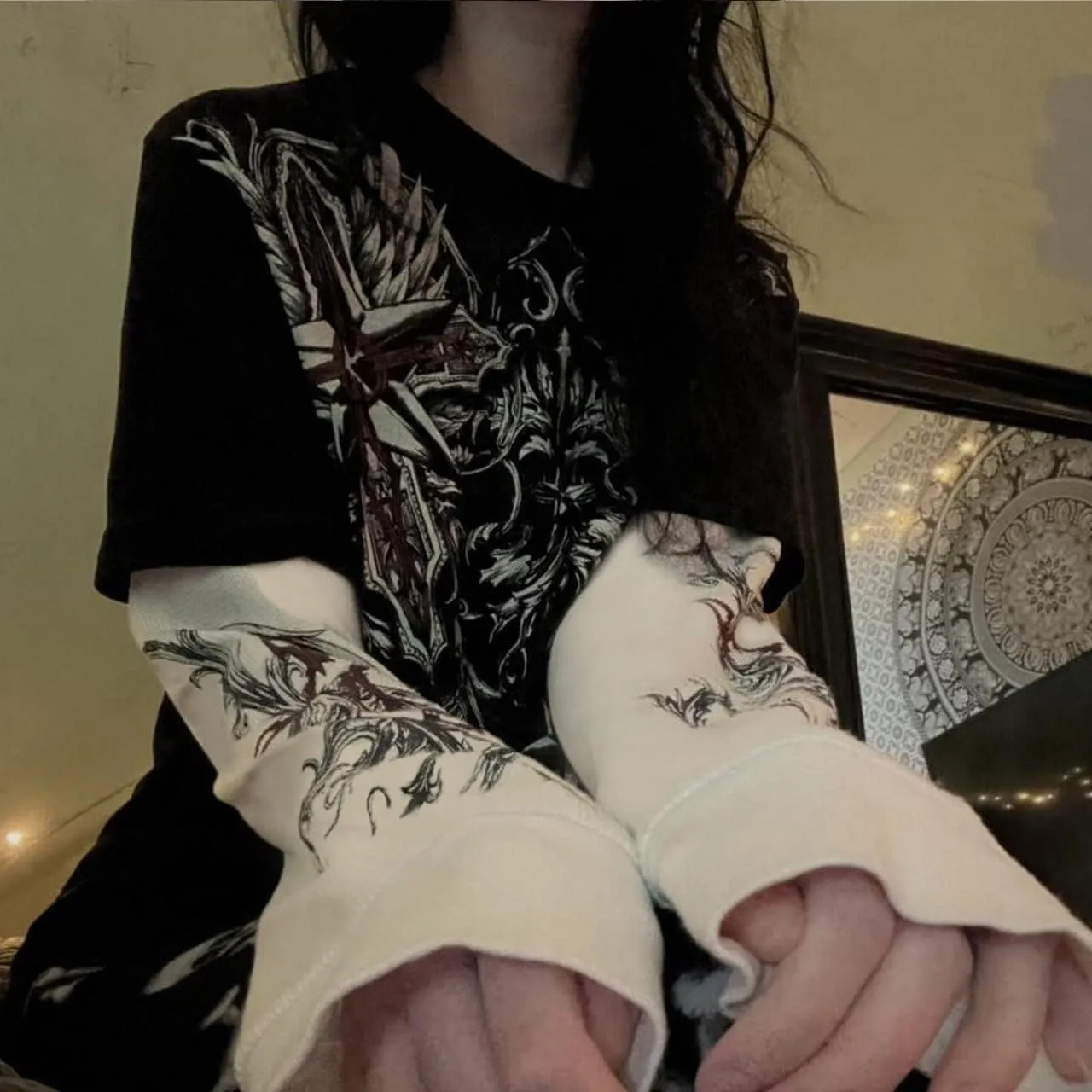 Goth Shirt Gothic Shirt Fake Two-Piece Alternative Clothing Goth Long Sleeve Top Grunge Clothes