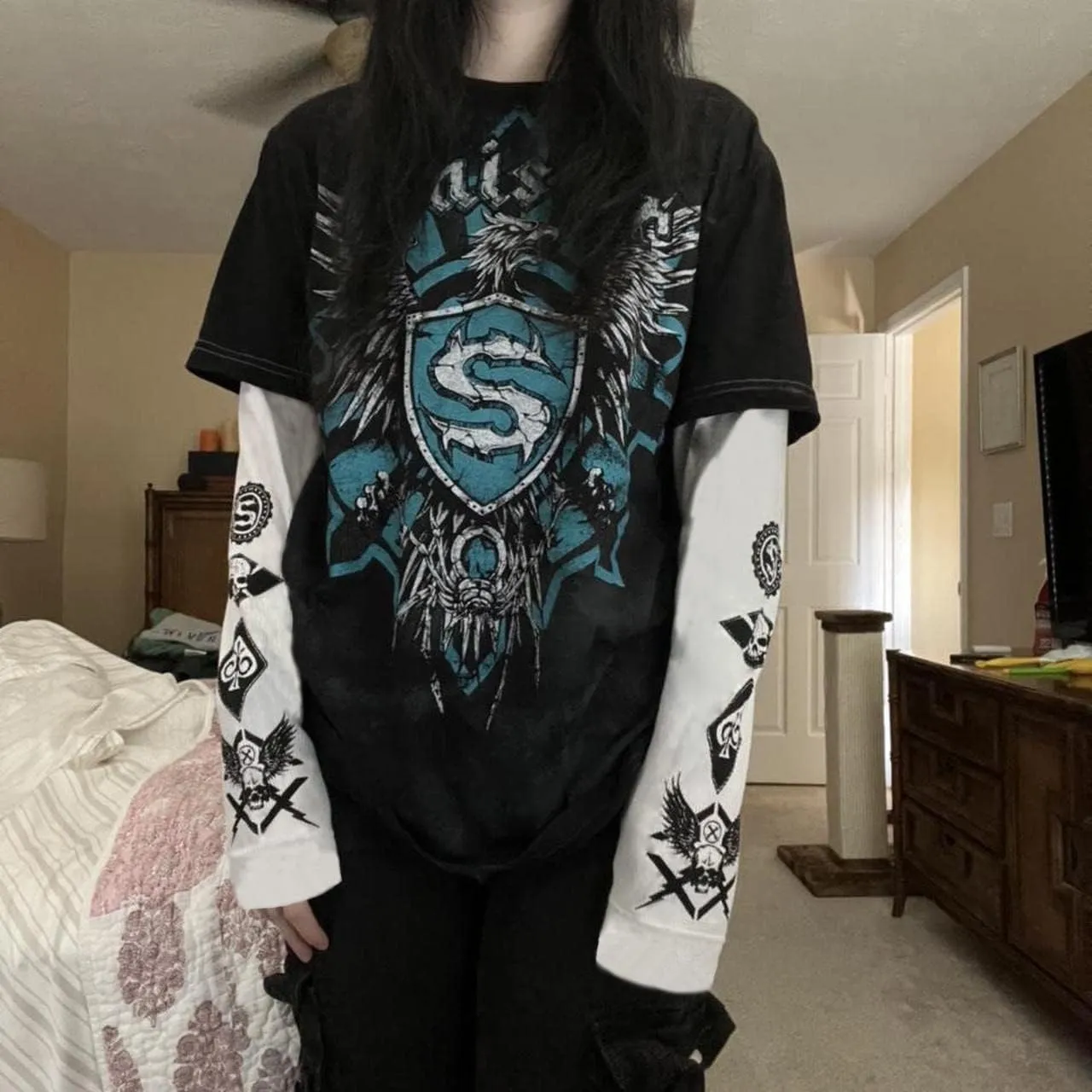 Goth Shirt Gothic Shirt Fake Two-Piece Alternative Clothing Goth Long Sleeve Top Grunge Clothes