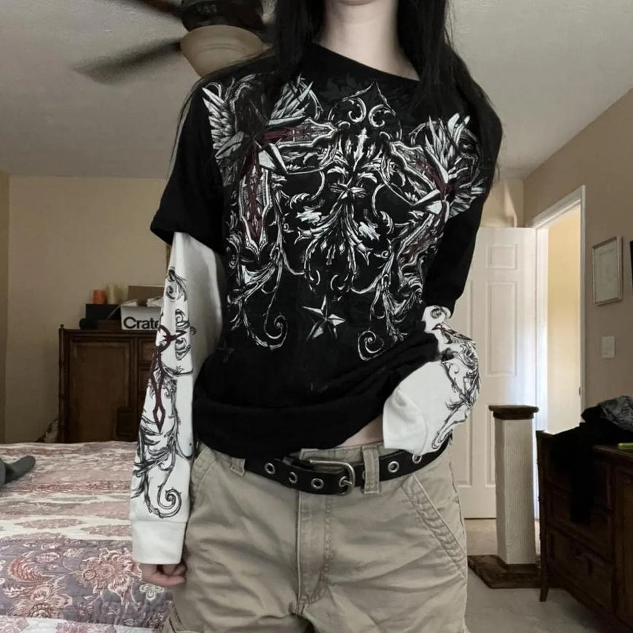 Goth Shirt Gothic Shirt Fake Two-Piece Alternative Clothing Goth Long Sleeve Top Grunge Clothes