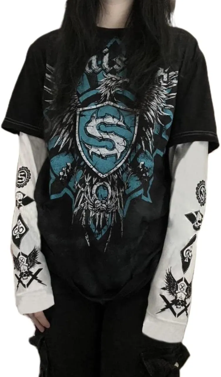 Goth Shirt Gothic Shirt Fake Two-Piece Alternative Clothing Goth Long Sleeve Top Grunge Clothes