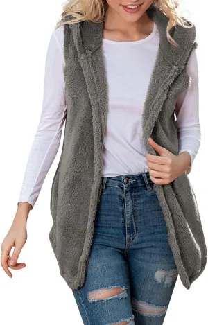 Gumipy Women Sleeveless Sherpa Vest Lapel Hooded Fleece Vest Jacket Trendg Open Front Oversized Cardigans Vests with Pockets