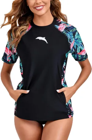 Halcurt Women's Short Sleeve Rash Guard Swimsuit Top Swim Shirt Only Swim Tee UPF50  Quick Dry Swimsuit