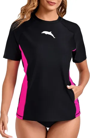 Halcurt Women's Short Sleeve Rash Guard Swimsuit Top Swim Shirt Only Swim Tee UPF50  Quick Dry Swimsuit