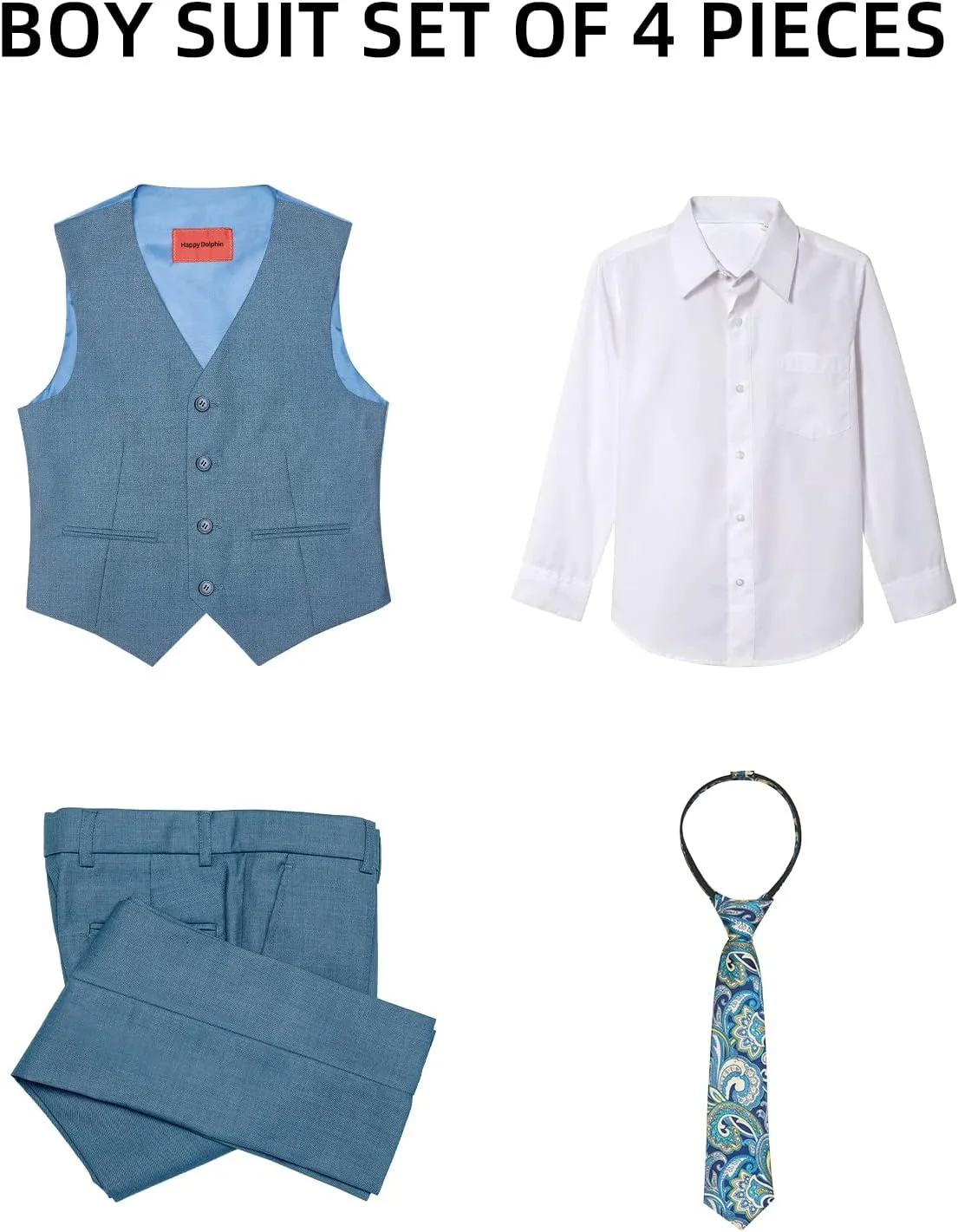 Happy Dolphin Boys 4-Piece Slim Fit Formal Vest Set with Suit Vest, Pants, Shirt, and Tie