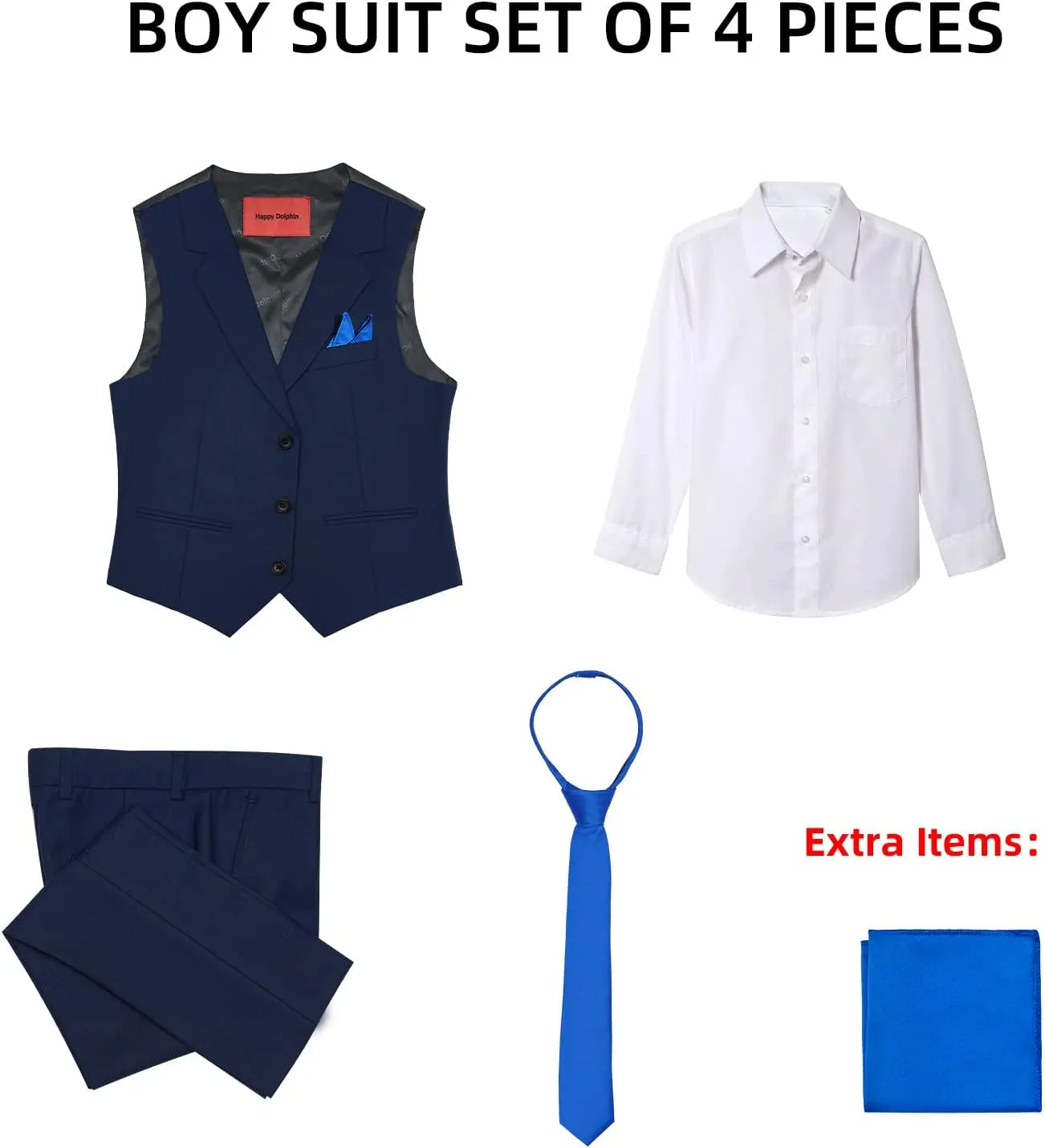 Happy Dolphin Boys 4-Piece Slim Fit Formal Vest Set with Suit Vest, Pants, Shirt, and Tie