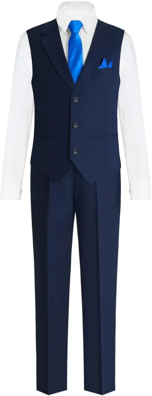 Happy Dolphin Boys 4-Piece Slim Fit Formal Vest Set with Suit Vest, Pants, Shirt, and Tie