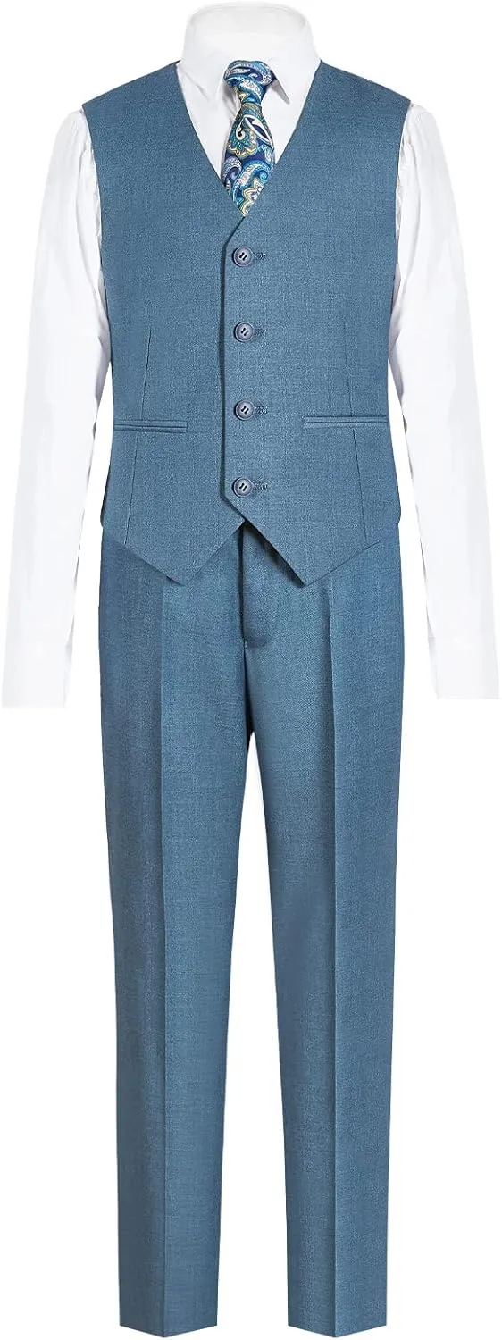 Happy Dolphin Boys 4-Piece Slim Fit Formal Vest Set with Suit Vest, Pants, Shirt, and Tie