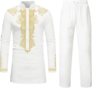 HEFASDM Men's African Dashiki 2 Piece Suit Traditional Long Sleeve Kurta and Pants Outfits Set
