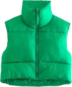 HengShunRui Women Winter Cropped Puffer Vest Sleeveless Cotton Padded Gilet Coat Lightweight Warm Outwear