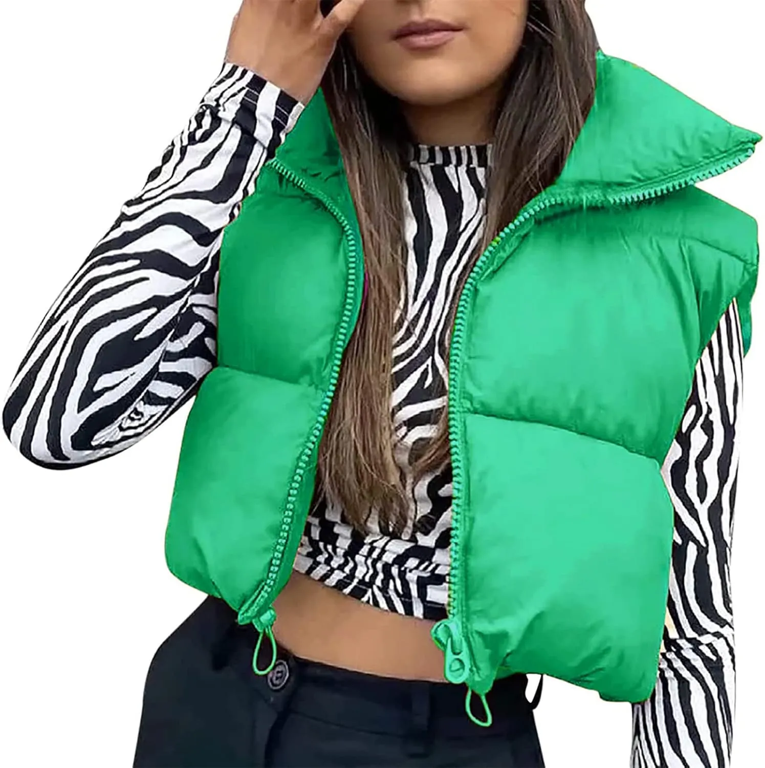 HengShunRui Women Winter Cropped Puffer Vest Sleeveless Cotton Padded Gilet Coat Lightweight Warm Outwear