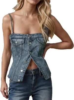 HGps8w Women's Spaghetti Strap Denim Cami Top, Y2K Sexy Square Neck Neck Button Front Jean Camisole Vests
