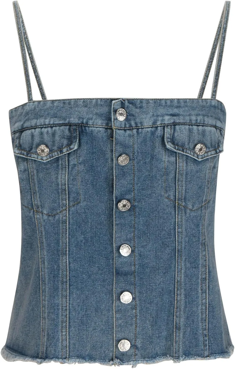 HGps8w Women's Spaghetti Strap Denim Cami Top, Y2K Sexy Square Neck Neck Button Front Jean Camisole Vests