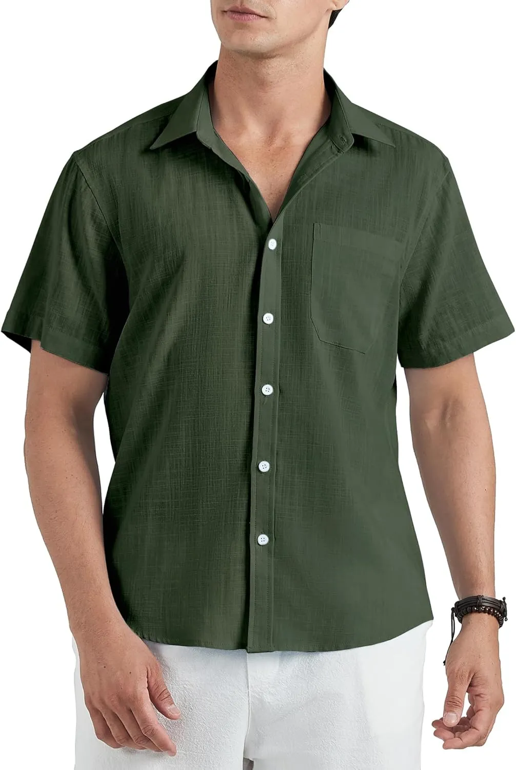 HISDERN Linen Cotton Shirts for Men Short Sleeve Casual Summer Button Down Shirt Beach Vacation Shirt with Pocket