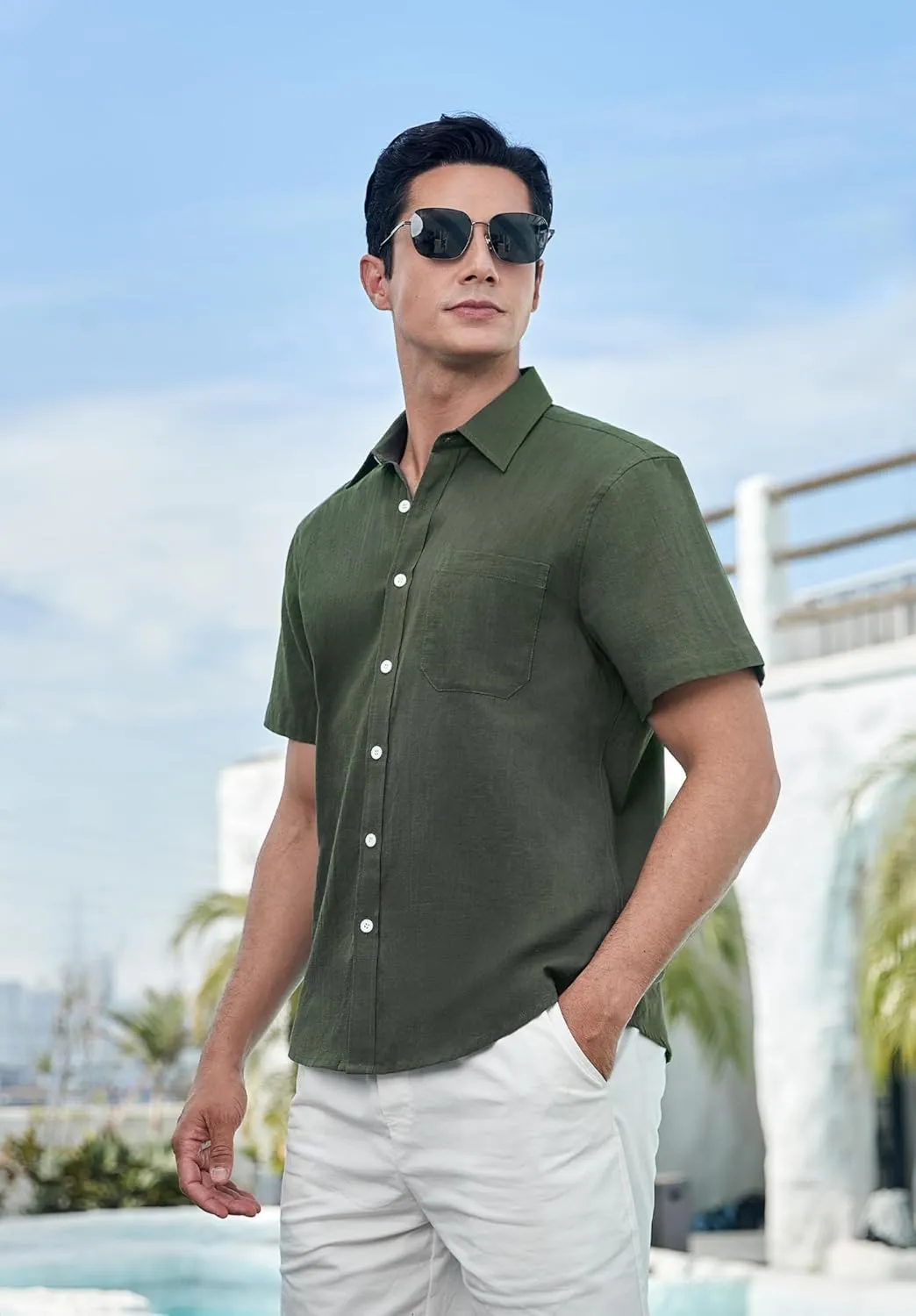 HISDERN Linen Cotton Shirts for Men Short Sleeve Casual Summer Button Down Shirt Beach Vacation Shirt with Pocket