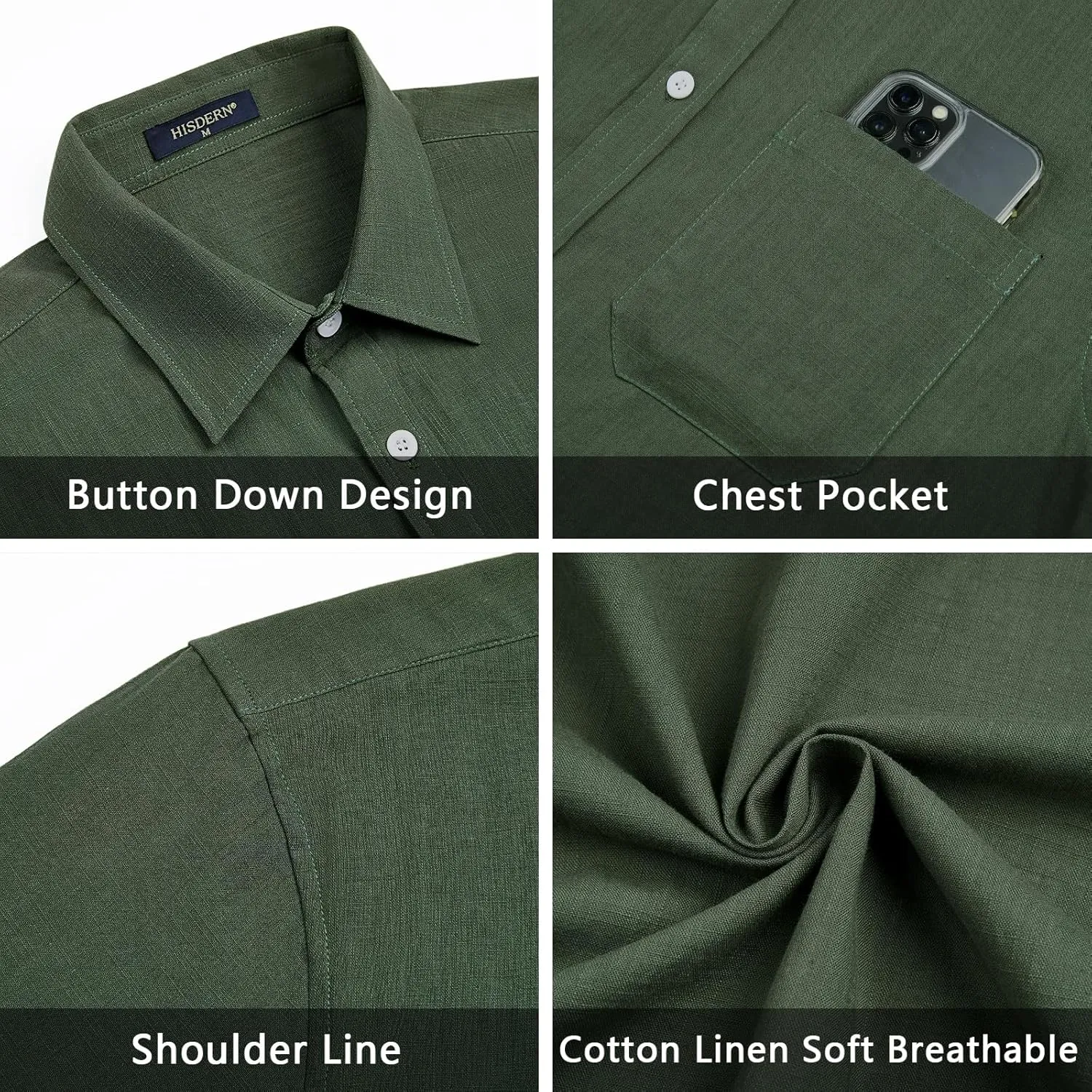 HISDERN Linen Cotton Shirts for Men Short Sleeve Casual Summer Button Down Shirt Beach Vacation Shirt with Pocket