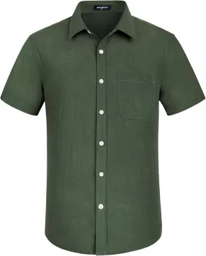 HISDERN Linen Cotton Shirts for Men Short Sleeve Casual Summer Button Down Shirt Beach Vacation Shirt with Pocket