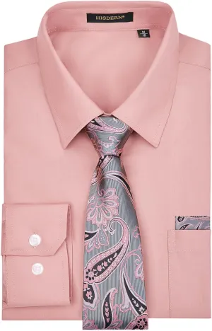 HISDERN Mens Dress Shirt with Tie Pocket Square Set Classic Button Down Shirt Matching Tie Long Sleeve Shirts