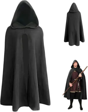 Hobbit Costume Renaissance Cloak 39.4'' Long Black Polyester Hooded Cloak Soft Breathable Pullover Retro Medieval Cloak for Halloween Hobbit Viking Cosplay Costumes, Small