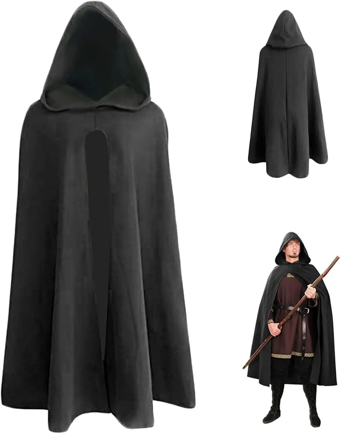 Hobbit Costume Renaissance Cloak 39.4'' Long Black Polyester Hooded Cloak Soft Breathable Pullover Retro Medieval Cloak for Halloween Hobbit Viking Cosplay Costumes, Small