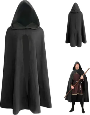 Hobbit Costume Renaissance Cloak 39.8'' Long Black Polyester Hooded Cloak Soft Breathable Pullover Retro Medieval Cloak for Halloween Hobbit Viking Cosplay Costumes, Medium