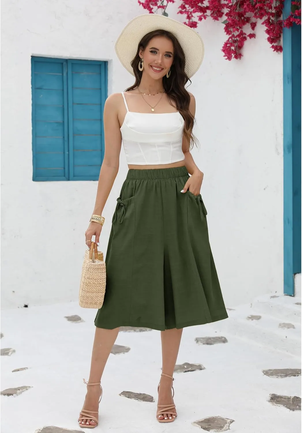 Hooever Women's Cotton Linen Culottes Pants Loose Wide Leg Capri Trousers with Big Pockets