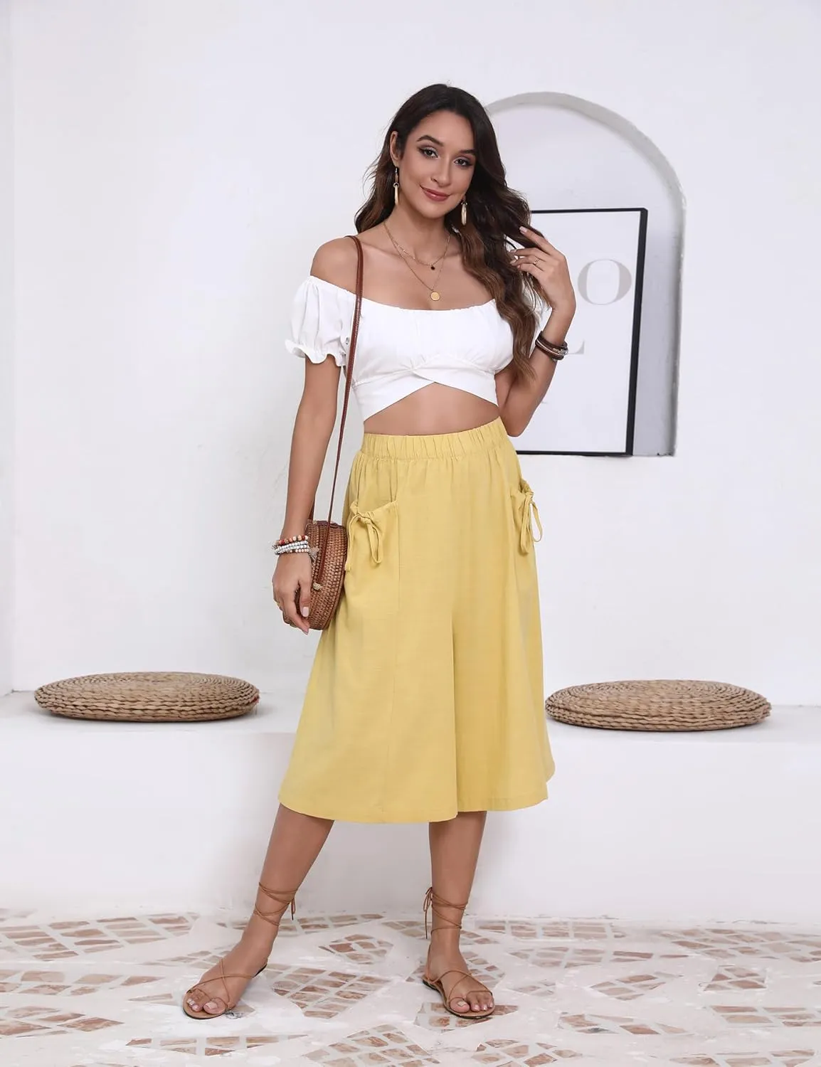 Hooever Women's Cotton Linen Culottes Pants Loose Wide Leg Capri Trousers with Big Pockets