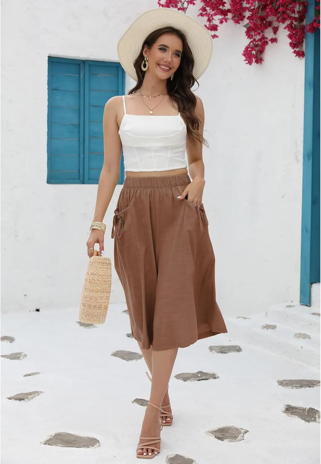 Hooever Women's Cotton Linen Culottes Pants Loose Wide Leg Capri Trousers with Big Pockets