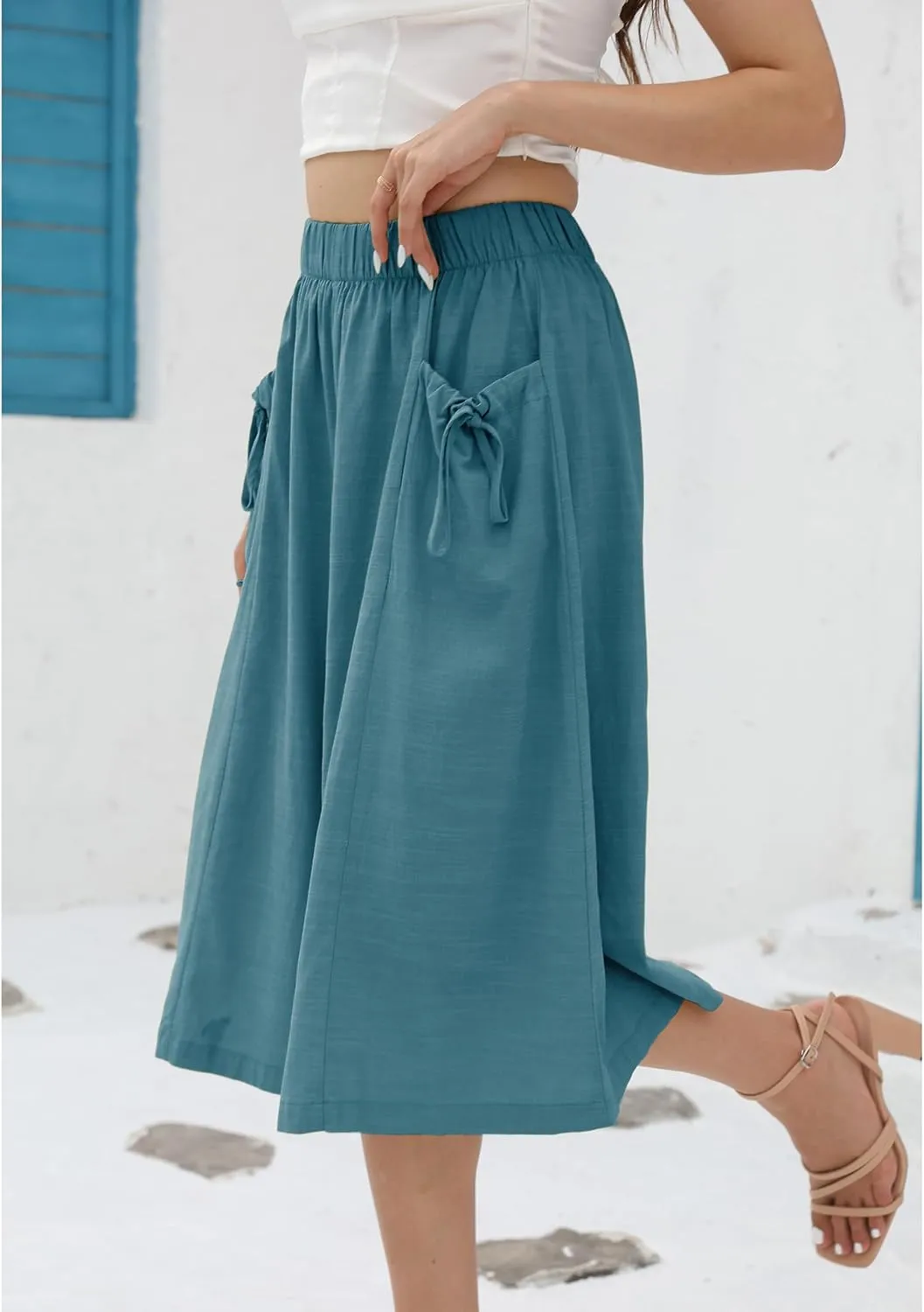 Hooever Women's Cotton Linen Culottes Pants Loose Wide Leg Capri Trousers with Big Pockets