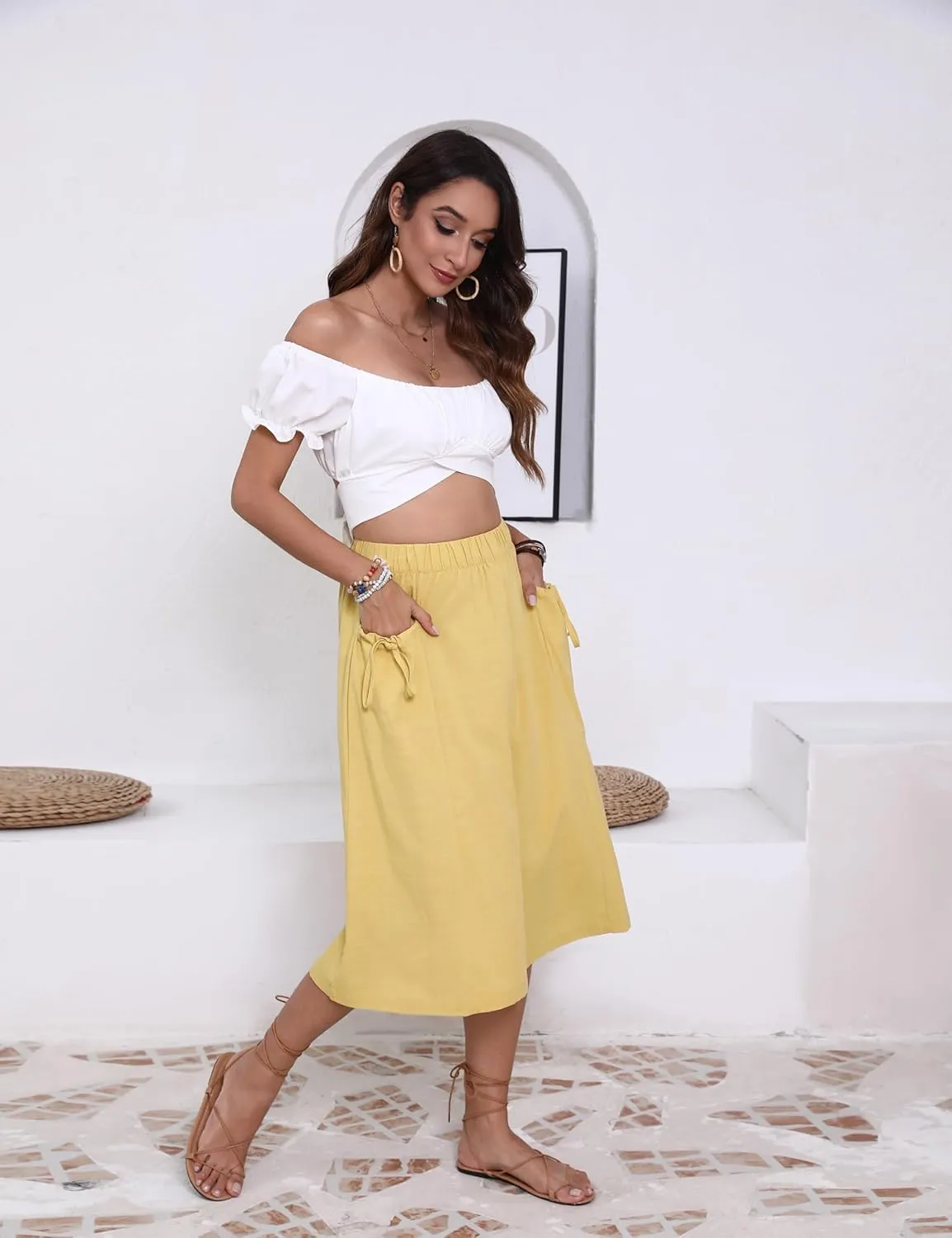 Hooever Women's Cotton Linen Culottes Pants Loose Wide Leg Capri Trousers with Big Pockets