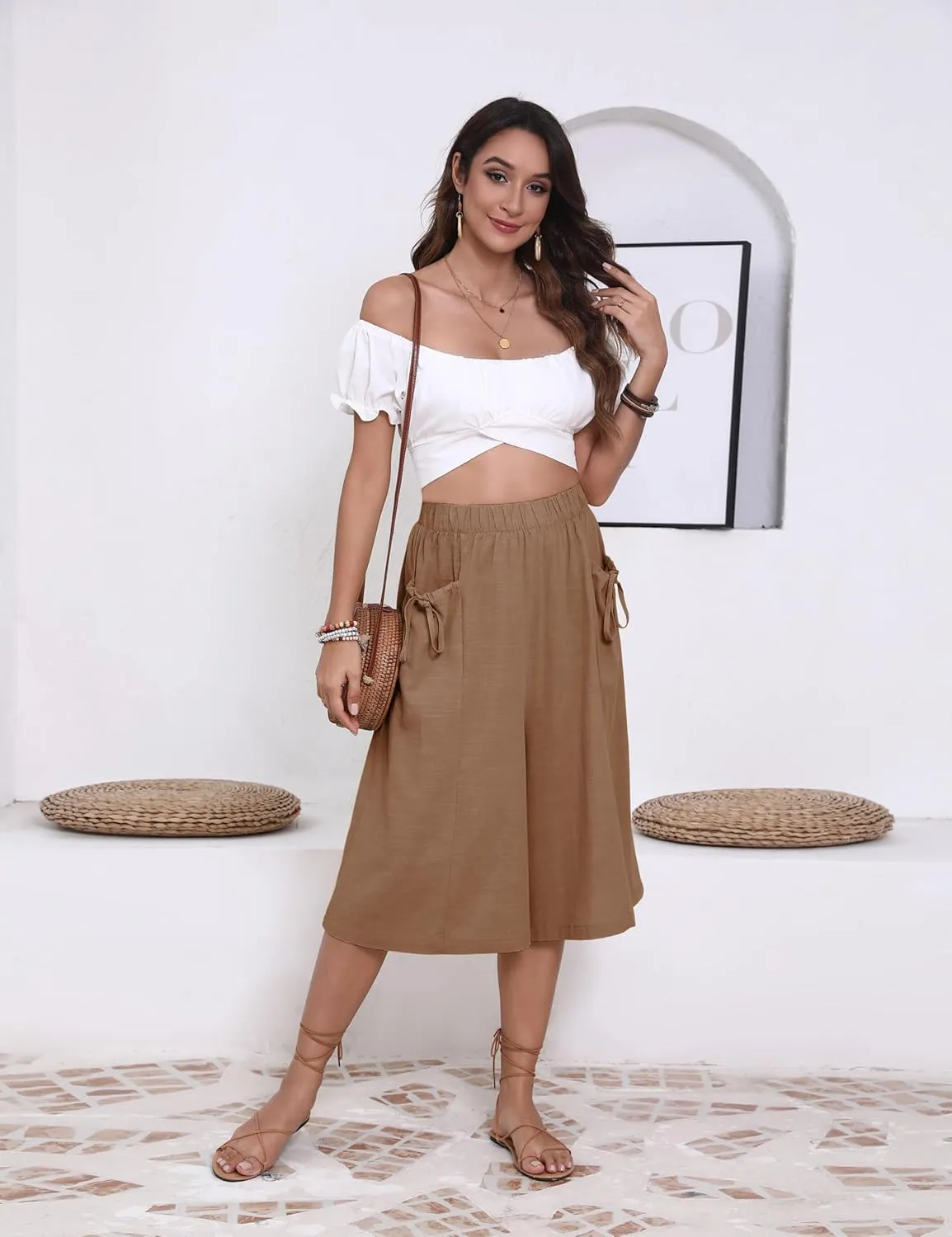Hooever Women's Cotton Linen Culottes Pants Loose Wide Leg Capri Trousers with Big Pockets