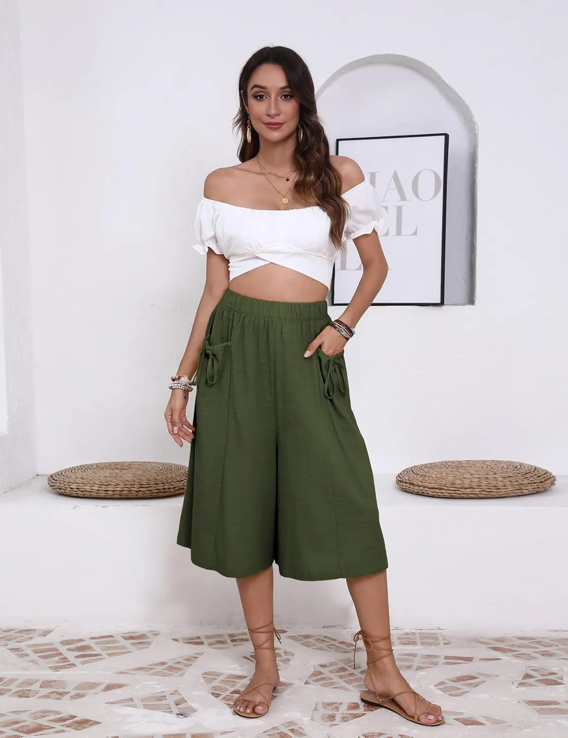 Hooever Women's Cotton Linen Culottes Pants Loose Wide Leg Capri Trousers with Big Pockets