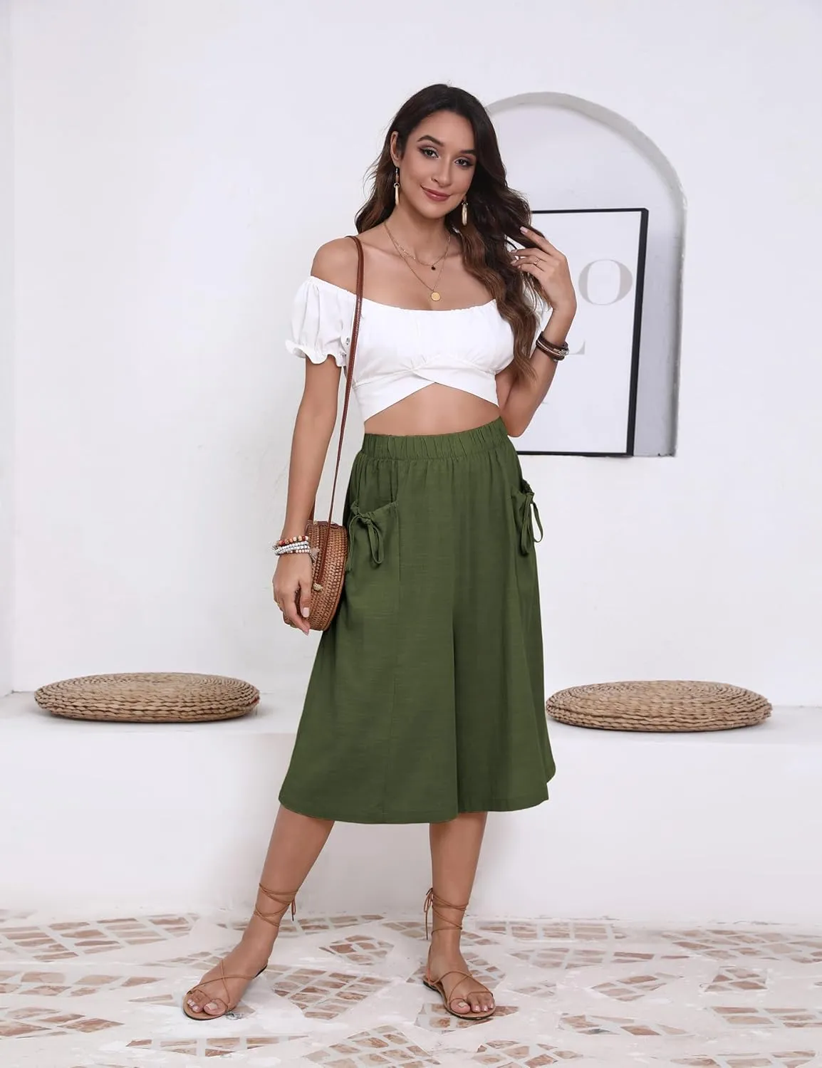 Hooever Women's Cotton Linen Culottes Pants Loose Wide Leg Capri Trousers with Big Pockets
