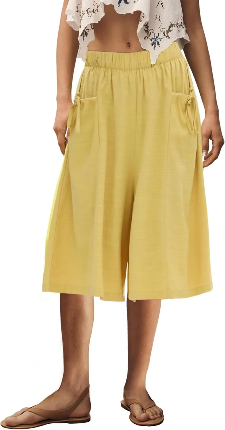 Hooever Women's Cotton Linen Culottes Pants Loose Wide Leg Capri Trousers with Big Pockets