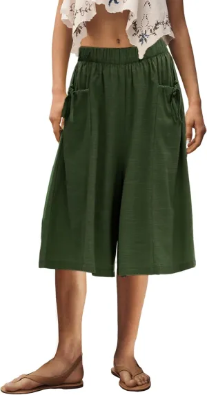 Hooever Women's Cotton Linen Culottes Pants Loose Wide Leg Capri Trousers with Big Pockets